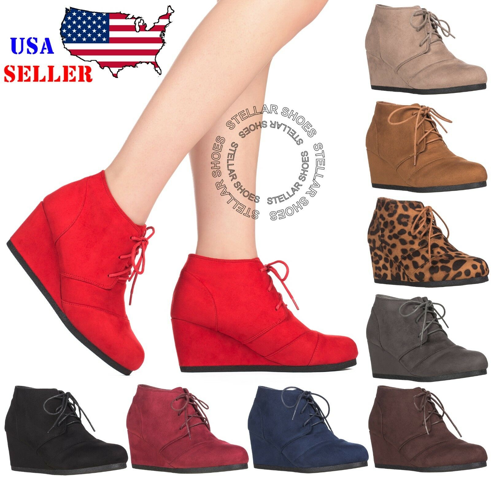 [new] Illude Women's Booties Round Toe Lace Up Wedge Heel Ankle Boots